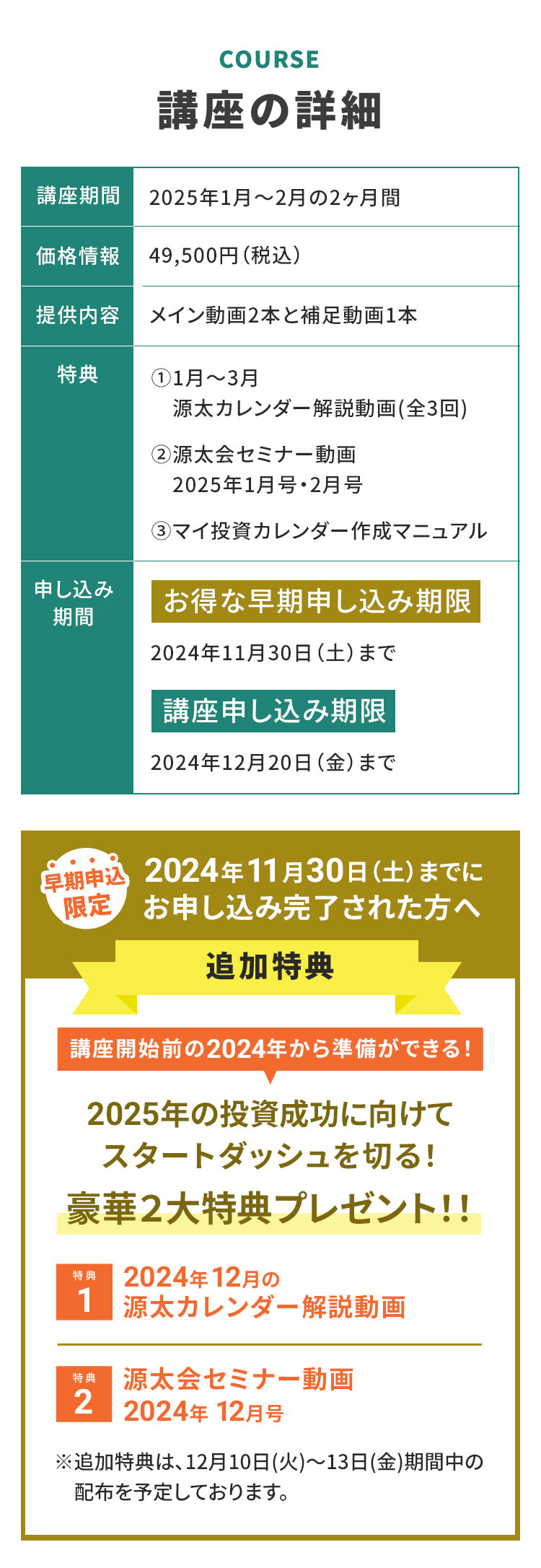 COURSE　講座の詳細 講座期間　2025年1月〜2月の2ヶ月間 価格情報　49,500円(税込) 提供内容　メイン動画2本と補足動画1本 特典　①1月〜3月源太カレンダー解説動画（全3回） ②源太会セミナー動画2025年1月号・2月号 ③マイ投資カレンダー作成マニュアル 申し込み期間　お得な早期申し込み期限　2024年11月30日(土)まで 講座申し込み期限2024年12月20日(金)まで 早期申込限定 2024年11月30日(土)までにお申し込み完了された方へ追加特典 講座開始前の2024年から準備ができる！2025年の投資成功に向けてスタートダッシュを切る！豪華2大特典プレゼント！！特典１2024年12月の源太カレンダー解説動画 特典2 源太会セミナー動画2024年12月号 ※追加特典は12月10日(火)〜13日(金)期間中の配布を予定しております。